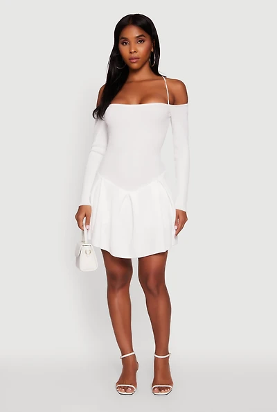 Womens Ribbed Knit Lace Up Back Sweater Dress, White, Size L