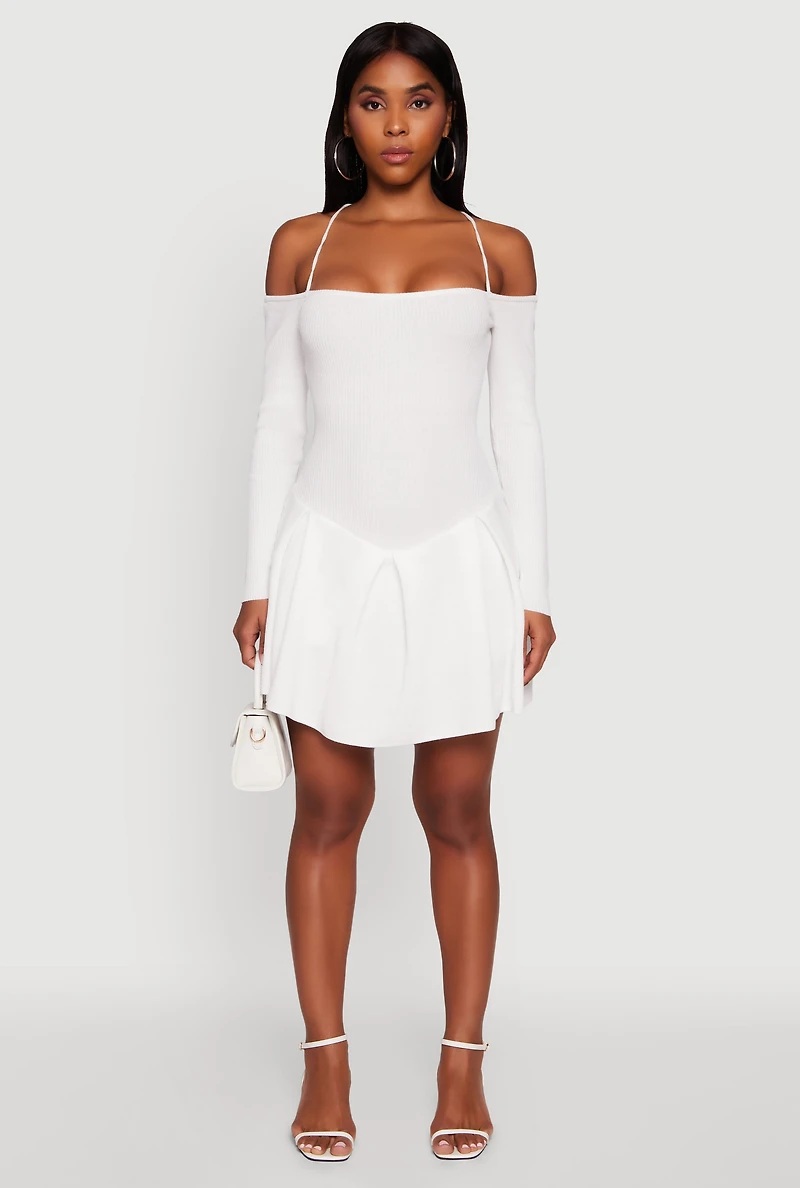 Womens Ribbed Knit Lace Up Back Sweater Dress, White, Size L