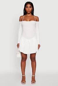 Womens Ribbed Knit Lace Up Back Sweater Dress, White, Size L