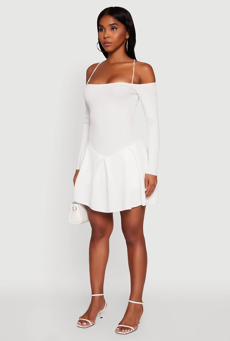 Ribbed Knit Lace Up Back Pleated Skater Dress