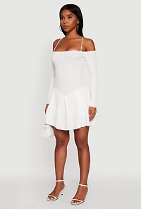 Ribbed Knit Lace Up Back Pleated Skater Dress