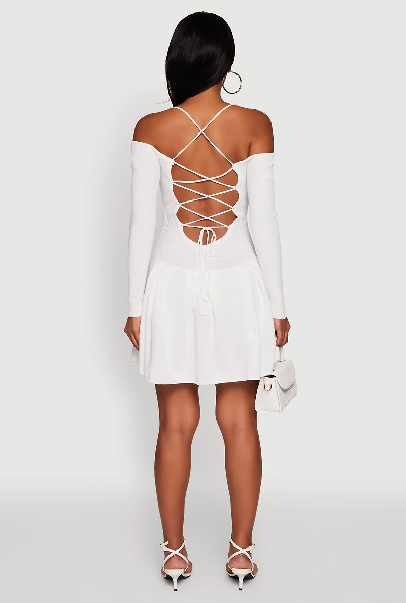 Ribbed Knit Lace Up Back Pleated Skater Dress