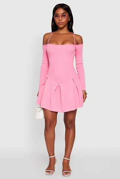 Womens Ribbed Knit Lace Up Back Pleated Sweater Dress,