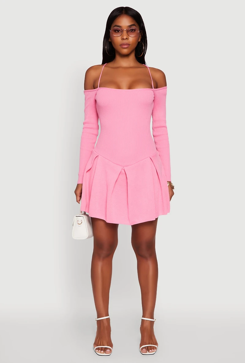 Ribbed Knit Lace Up Back Pleated Skater Dress