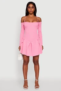 Ribbed Knit Lace Up Back Pleated Skater Dress