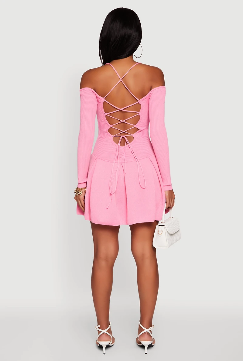 Ribbed Knit Lace Up Back Pleated Skater Dress