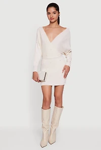 Faux Pearl Studded Wrap Sweater Dress