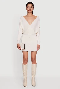 Womens Faux Pearl Studded Faux Wrap Sweater Dress, White, Size S