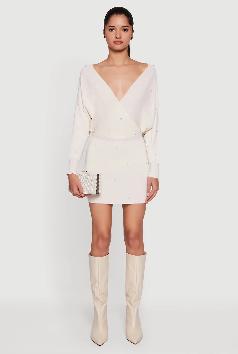 Faux Pearl Studded Wrap Sweater Dress