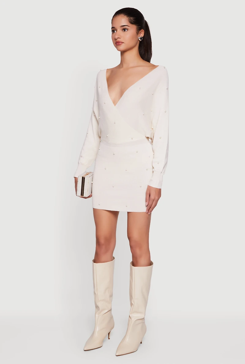 Faux Pearl Studded Wrap Sweater Dress