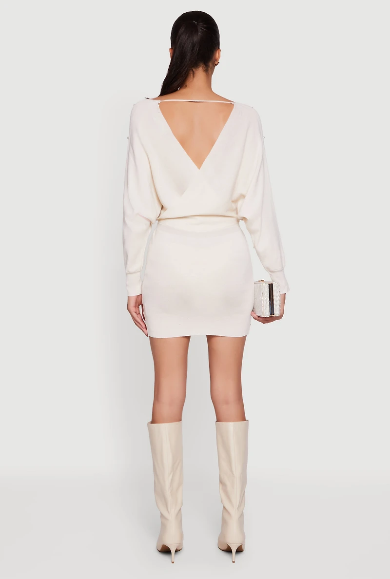 Faux Pearl Studded Wrap Sweater Dress