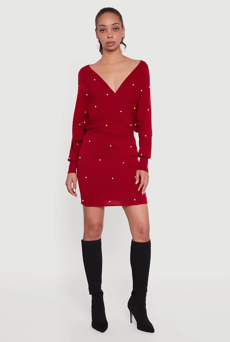Faux Pearl Studded Wrap Sweater Dress