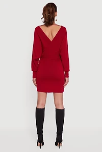 Womens Faux Pearl Studded Faux Wrap Sweater Dress, Burgundy, Size XL