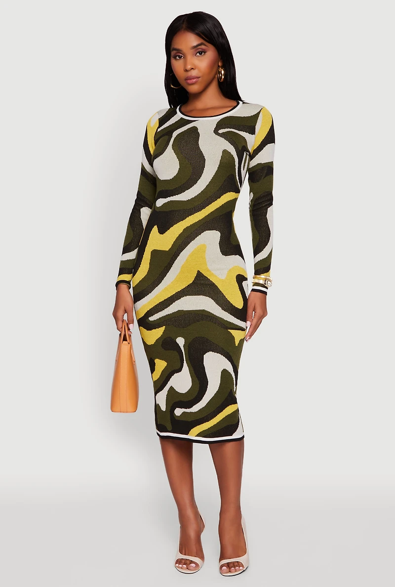 Womens Psychedelic Swirl Long Sleeve Crew Neck Midi Dress, Multi,
