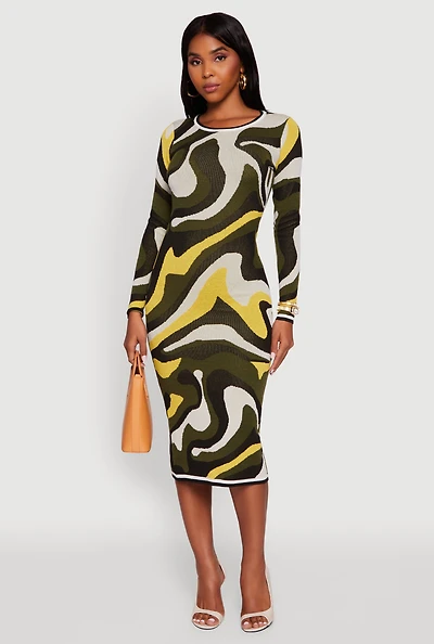 Womens Psychedelic Swirl Long Sleeve Crew Neck Midi Dress, Multi,