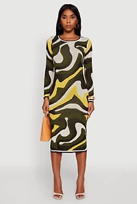 Womens Psychedelic Swirl Long Sleeve Crew Neck Midi Dress, Multi,