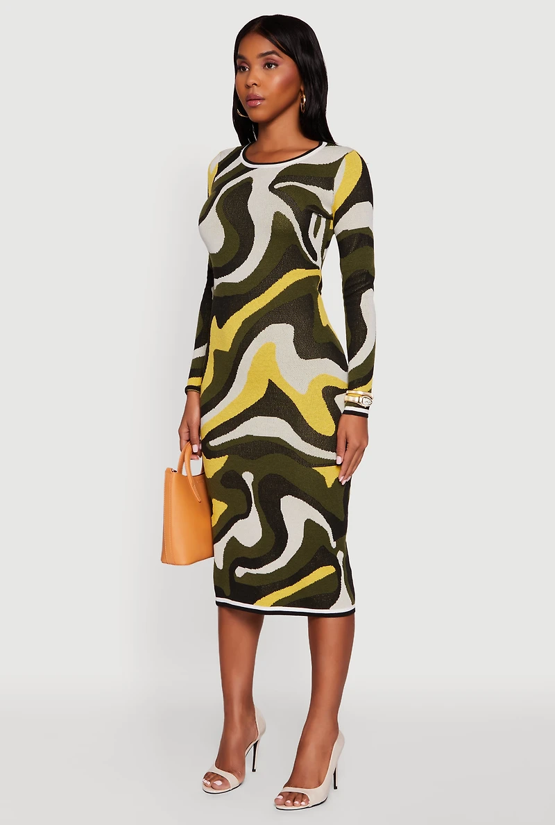 Womens Psychedelic Swirl Long Sleeve Crew Neck Midi Dress, Multi,