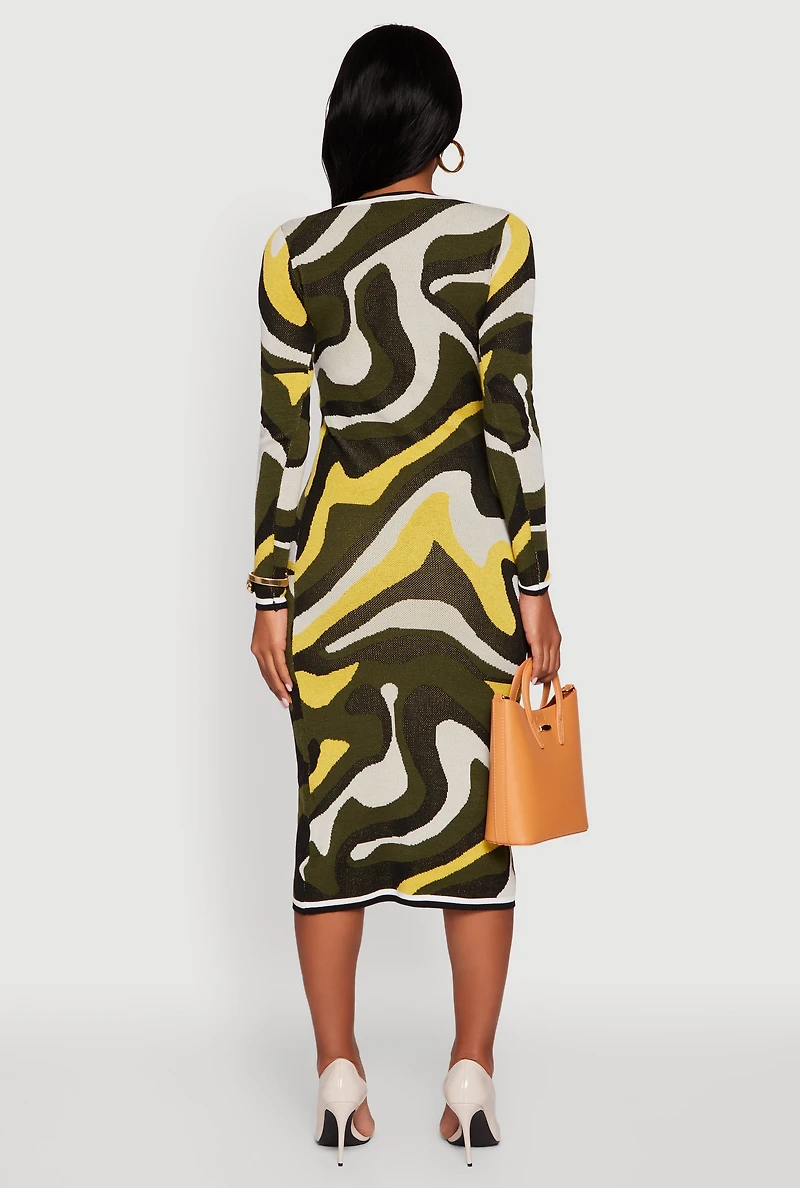 Womens Psychedelic Swirl Long Sleeve Crew Neck Midi Dress, Multi,