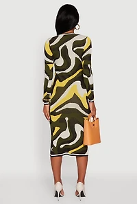 Womens Psychedelic Swirl Long Sleeve Crew Neck Midi Dress, Multi,