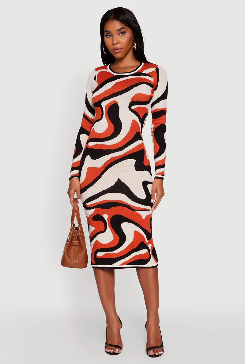 Womens Psychedelic Swirl Long Sleeve Crew Neck Midi Dress, Multi, Size L