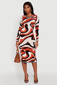 Womens Psychedelic Swirl Long Sleeve Crew Neck Midi Dress, Multi, Size L