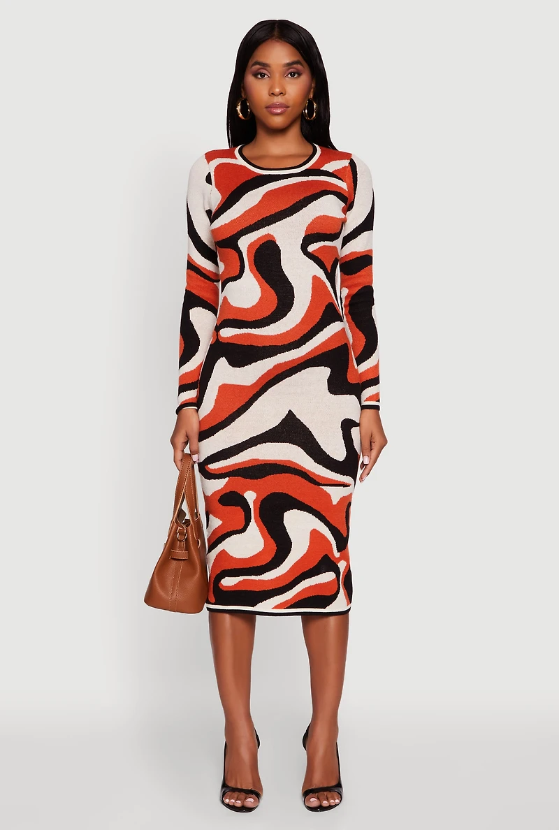 Womens Psychedelic Swirl Long Sleeve Crew Neck Midi Dress, Multi, Size S