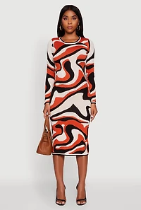 Womens Psychedelic Swirl Long Sleeve Crew Neck Midi Dress, Multi, Size S