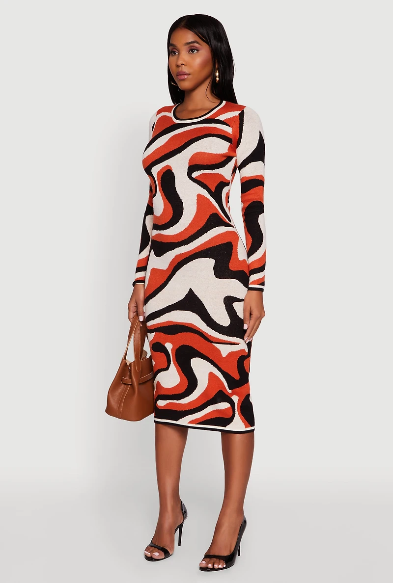 Womens Psychedelic Swirl Long Sleeve Crew Neck Midi Dress, Multi, Size L