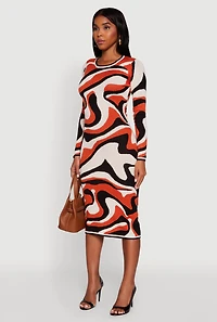Womens Psychedelic Swirl Long Sleeve Crew Neck Midi Dress, Multi, Size L