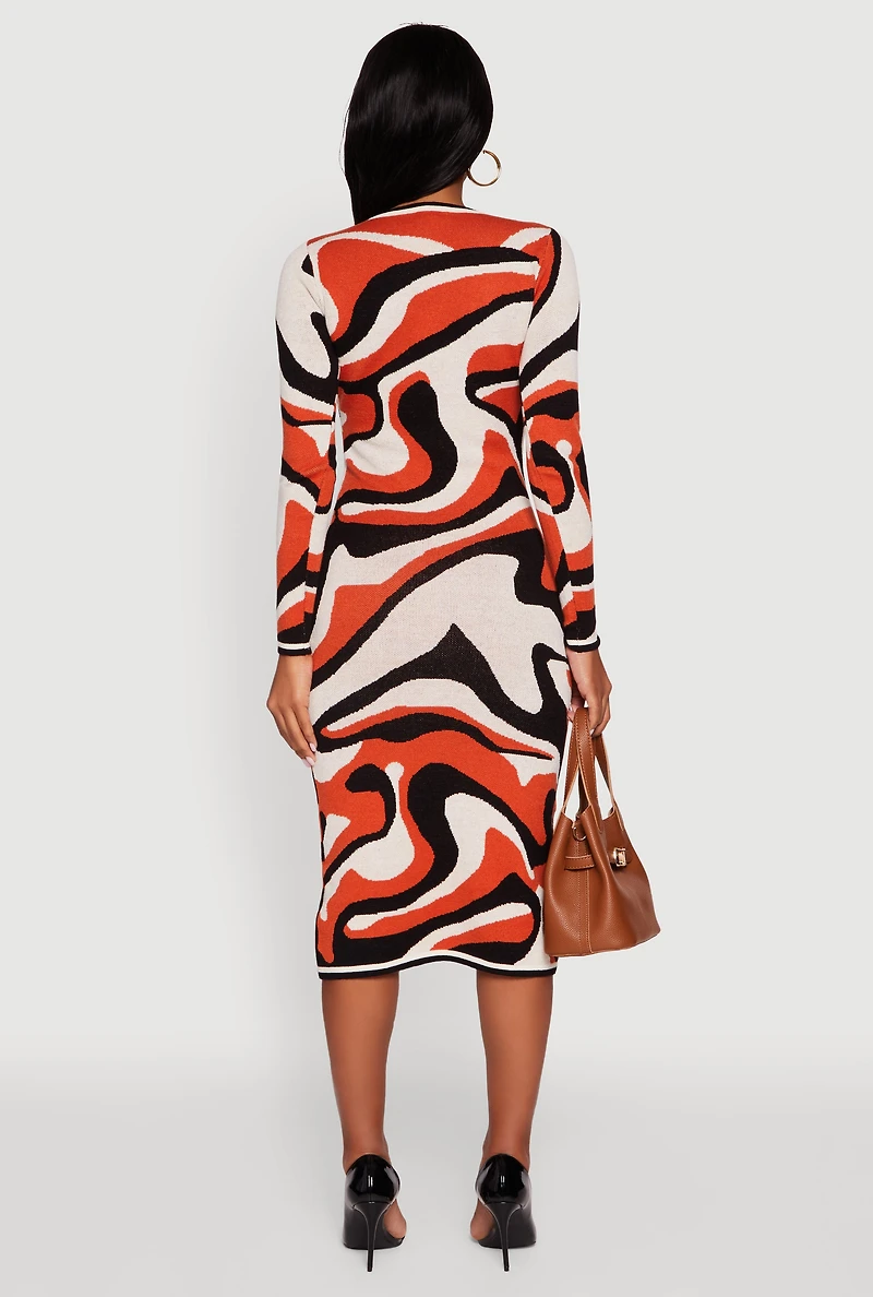 Womens Psychedelic Swirl Long Sleeve Crew Neck Midi Dress, Multi, Size S