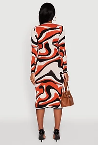Womens Psychedelic Swirl Long Sleeve Crew Neck Midi Dress, Multi, Size S