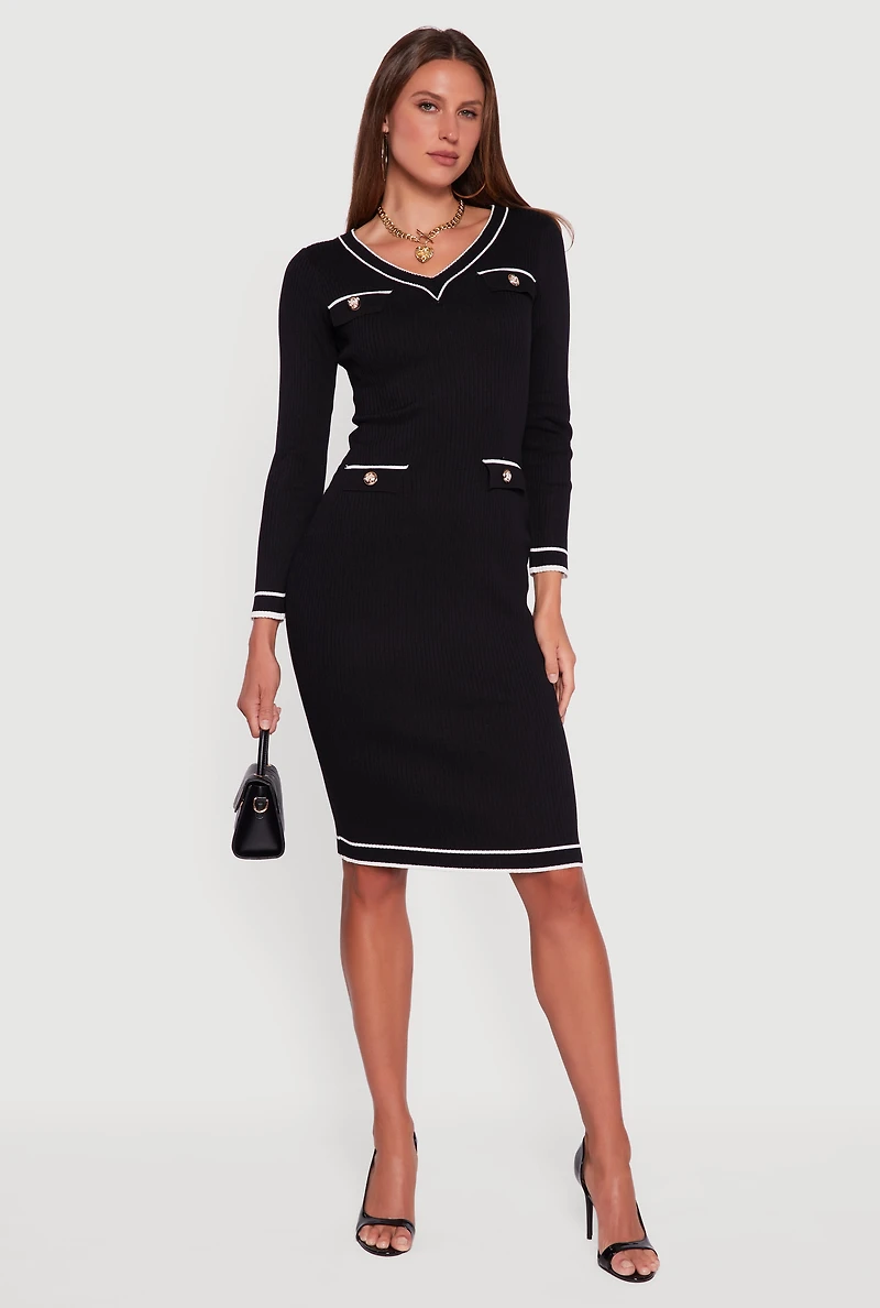 Contrast Trim Pocket Detail Long Sleeve Sweater Dress