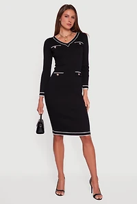 Contrast Trim Pocket Detail Long Sleeve Sweater Dress