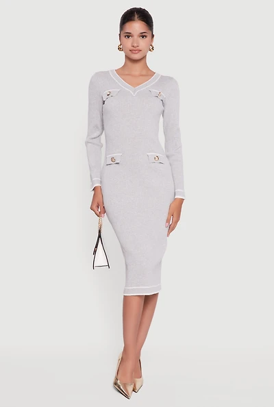 Contrast Trim Pocket Detail Long Sleeve Sweater Dress