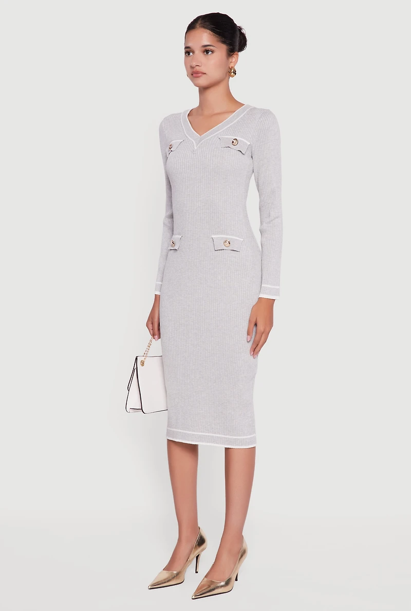 Contrast Trim Pocket Detail Long Sleeve Sweater Dress