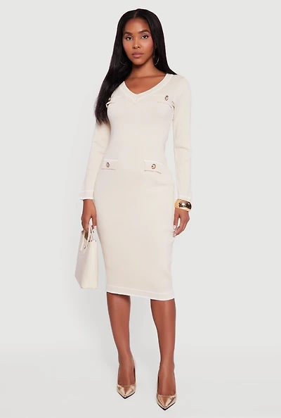 Womens Contrast Trim Pocket Detail Long Sleeve Sweater Dress,