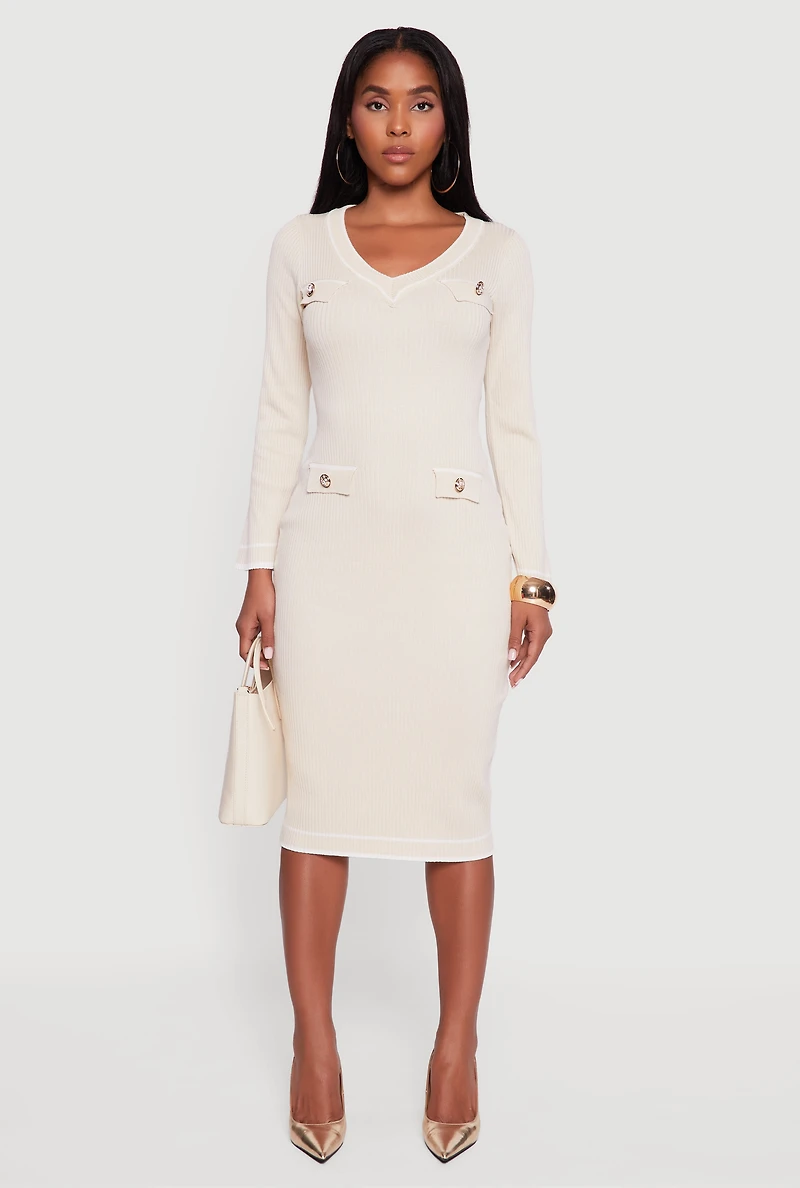Womens Contrast Trim Pocket Detail Long Sleeve Sweater Dress,
