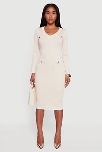 Womens Contrast Trim Pocket Detail Long Sleeve Sweater Dress,