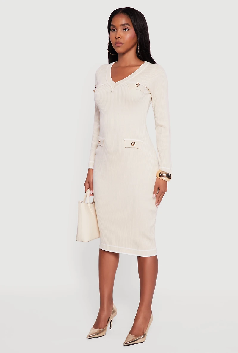 Womens Contrast Trim Pocket Detail Long Sleeve Sweater Dress,