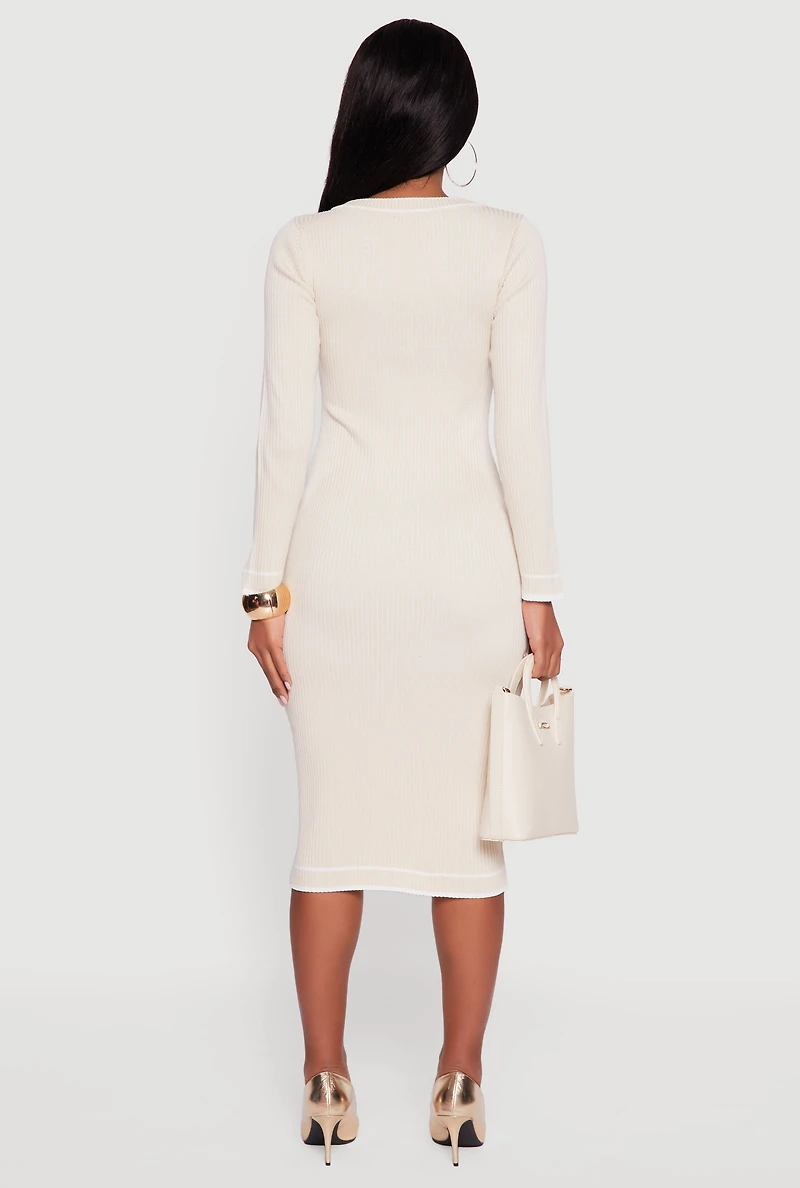 Womens Contrast Trim Pocket Detail Long Sleeve Sweater Dress,