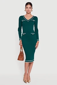 Womens Contrast Trim Pocket Detail Long Sleeve Sweater Dress, Green, Size S