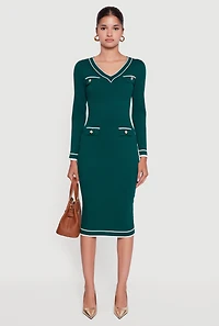 Womens Contrast Trim Pocket Detail Long Sleeve Sweater Dress, Green, Size S