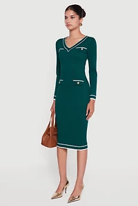 Womens Contrast Trim Pocket Detail Long Sleeve Sweater Dress, Green, Size S