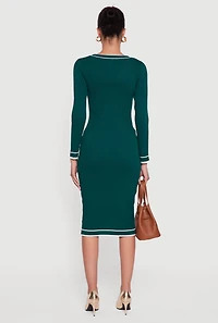 Womens Contrast Trim Pocket Detail Long Sleeve Sweater Dress, Green, Size S