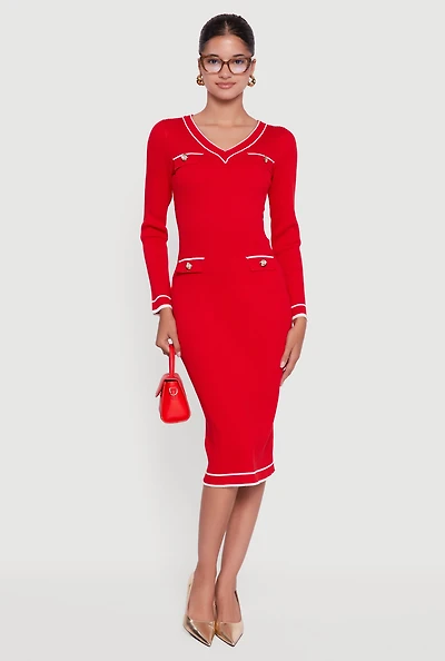 Womens Contrast Trim Pocket Detail Long Sleeve Sweater Dress, Red, Size S