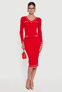 Contrast Trim Pocket Detail Long Sleeve Sweater Dress