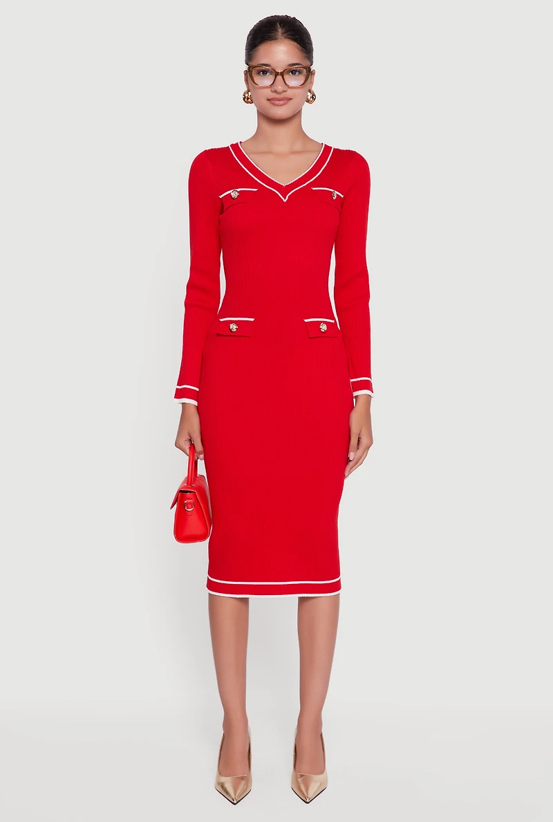 Womens Contrast Trim Pocket Detail Long Sleeve Sweater Dress, Red, Size S