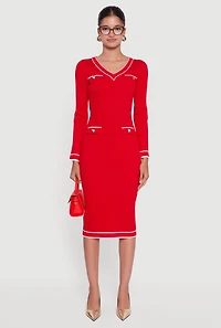 Womens Contrast Trim Pocket Detail Long Sleeve Sweater Dress, Red, Size S