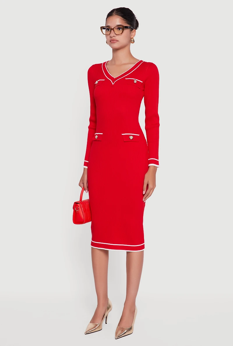 Womens Contrast Trim Pocket Detail Long Sleeve Sweater Dress, Red, Size S