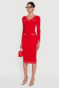 Womens Contrast Trim Pocket Detail Long Sleeve Sweater Dress, Red, Size S